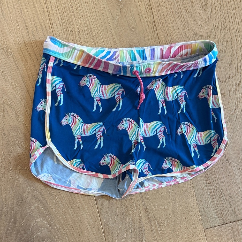 Hatley Blue Swim Trunks with Rainbow Zebra Design